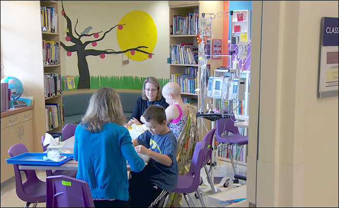 Doernbecher Children's Hospital contracts with the Multnomah Education Service District to staff its in-hospital classrooms.